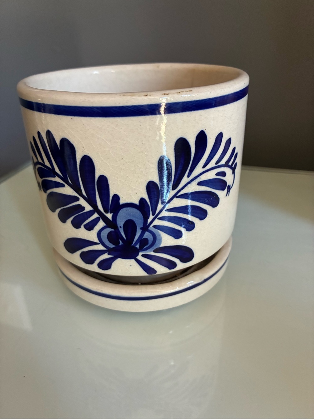 Vintage Hand Painted Ceramic Blue Floral Planter - White & Blue